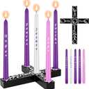 5PCS Christmas Advent Candles and Nativity Candle Holder,Colored Taper Candles Set with Wood Cross & Celtic Knot Candlestick,Religious Christmas Gift for Home Church Fireplace Centerpiece Decor (Purple-Pink-White)