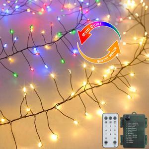 Dual Color Cluster Fairy Lights Battery Operated, 10Ft 200 LED Dark Green Copper Wire Fairy String Light with Remote Timer Christmas Lights for Bedroom Xmas Tree Garland Decor