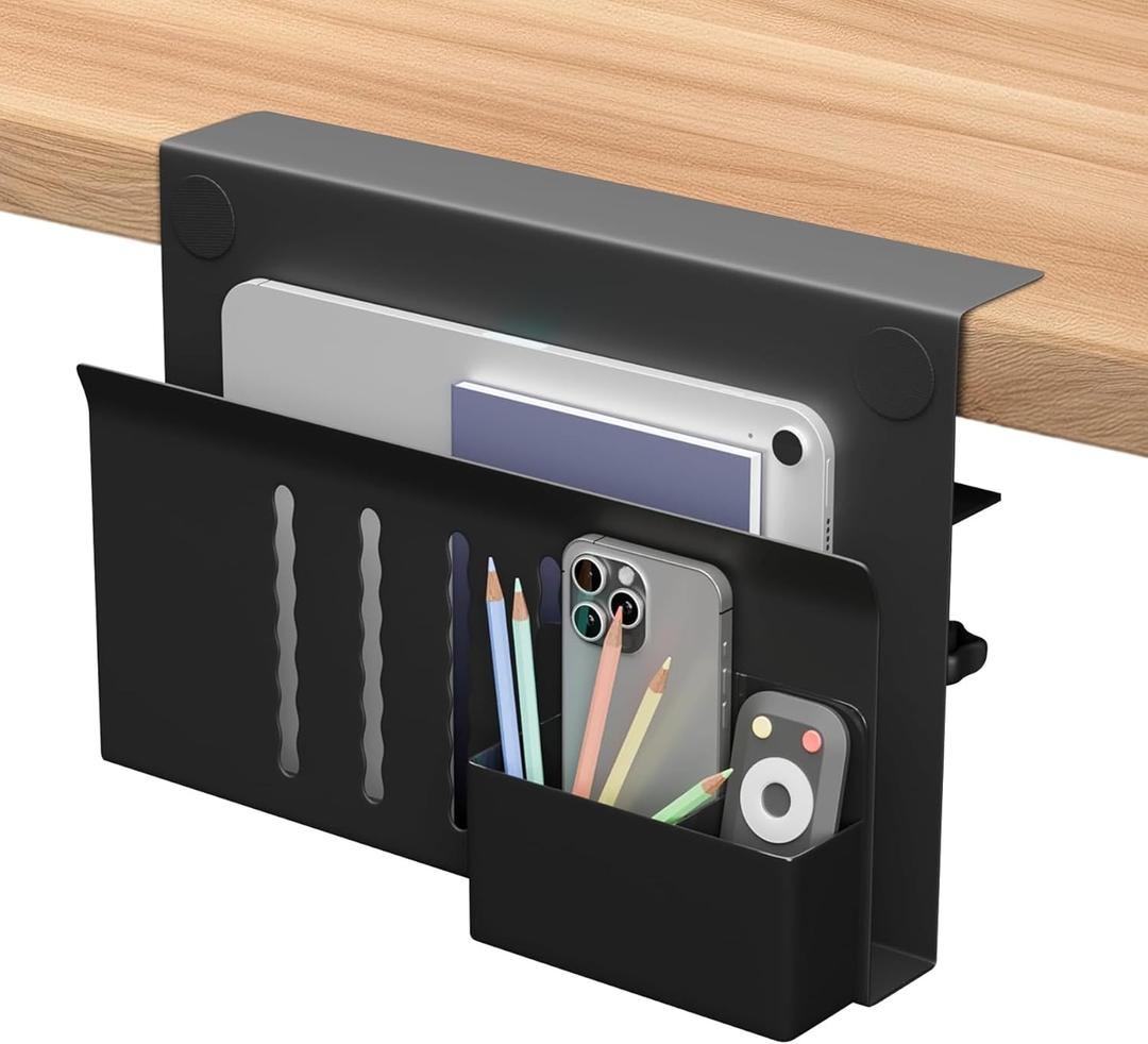 Desk Side Storage with Pen Holder, No Drill Hanging Desk Organizer Under Desk Storage Mount, Clamp-On Laptop Holder Table Side Tray Desktop Organization for Office and Home (Black)