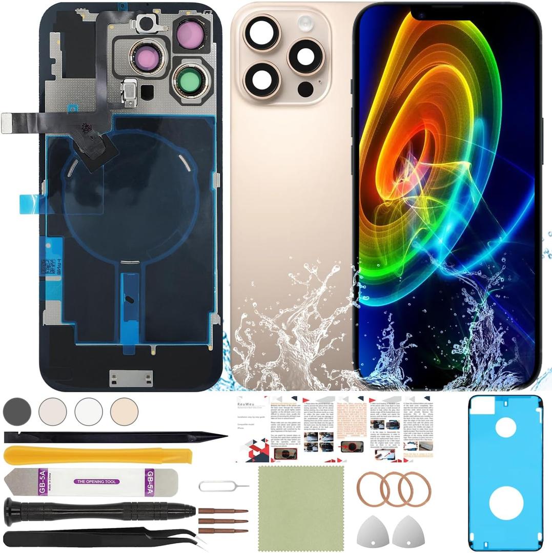Back Glass Replacement Compatible with iPhone 16 Pro All Carriers 6.3" + Pre-Installed Plate + Wireless Charging Coil Flex Cable + Microphone + Flashlight + Camera Frame (Desert)