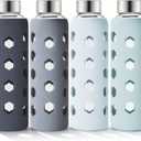 Mrsdry Glass Juice Bottles with Lids and Silicone Sleeves 18 oz, 4-Pack Reusable Clear Glass Water Bottles with Stainless Steel Airtight Cap for Juicing, Refrigerator, BPA Free Leak-Proof Drinking Jar (Gray)
