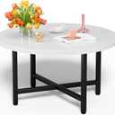 Round Coffee Table, Small Coffee Tables for Living Room, Low Wood Coffee Table with Metal Frame, Floor Table Desk for Sitting on The Floor, Home, Office, White(23.6" D x 17.7" H) (1T)