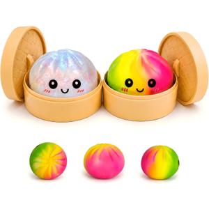 2 PCS White Glitter and Colorful Mystery Dumpling Squishies,Soft Stretchy Bao Bun Stress Relief Balls,Sensory Fidget Squeeze Toys for Anxiety Relief,Decompression Desk Toys