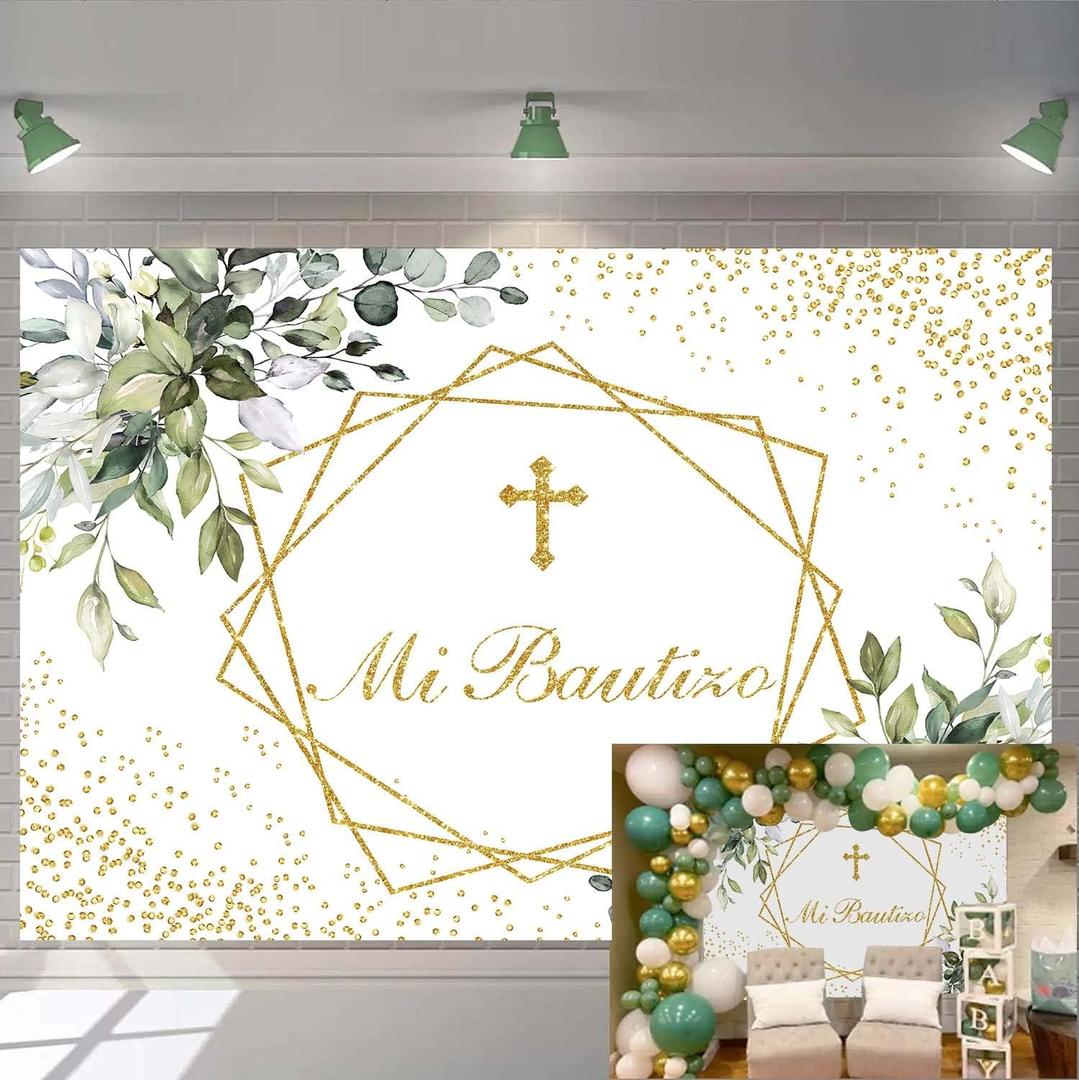 Mi Bautizo Backdrop First Holy Communion Baptism Background Newborn Baby Shower Gold Glitter Background Greenery Eucalyptus Photo Booth Props 7x5ft (7X5FT(84x60 inch))