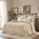 Ruffle Skirt Bedspread Set Flower Style - 30" Long Drop - Vintage Chic Ruffled Summer Bed Spreads Quilt Coverlet Boho Bedding Farmhouse Style Luxurious Rustic 3 Piece Set Queen Size Cream White