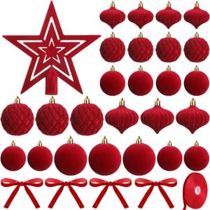 27 Pcs 3.15/2.36 inch Velvet Christmas Tree Ornaments Set Velvet Christmas Balls Bulk with Star Tree Topper and Ribbon Xmas Hanging Ornaments for Xmas Party Decor(Burgundy)