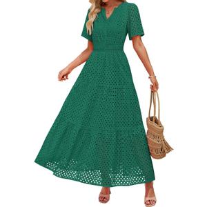 ZESICA Women's 2025 Summer Short Sleeve Maxi Dress Casual V Neck Hollow Out Eyelet Ruffle Swing A Line Long Dresses (Green)