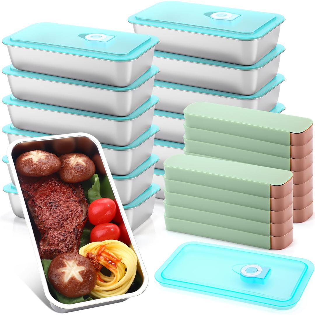 Vesici 12 Pack Stainless Steel Bento Boxes with Tableware Set 30 oz 2 and 1 Compartments Snack Box Containers with Leakproof Lids, Divided Meal Prep Lunch Box Food Container Dishwasher Safe