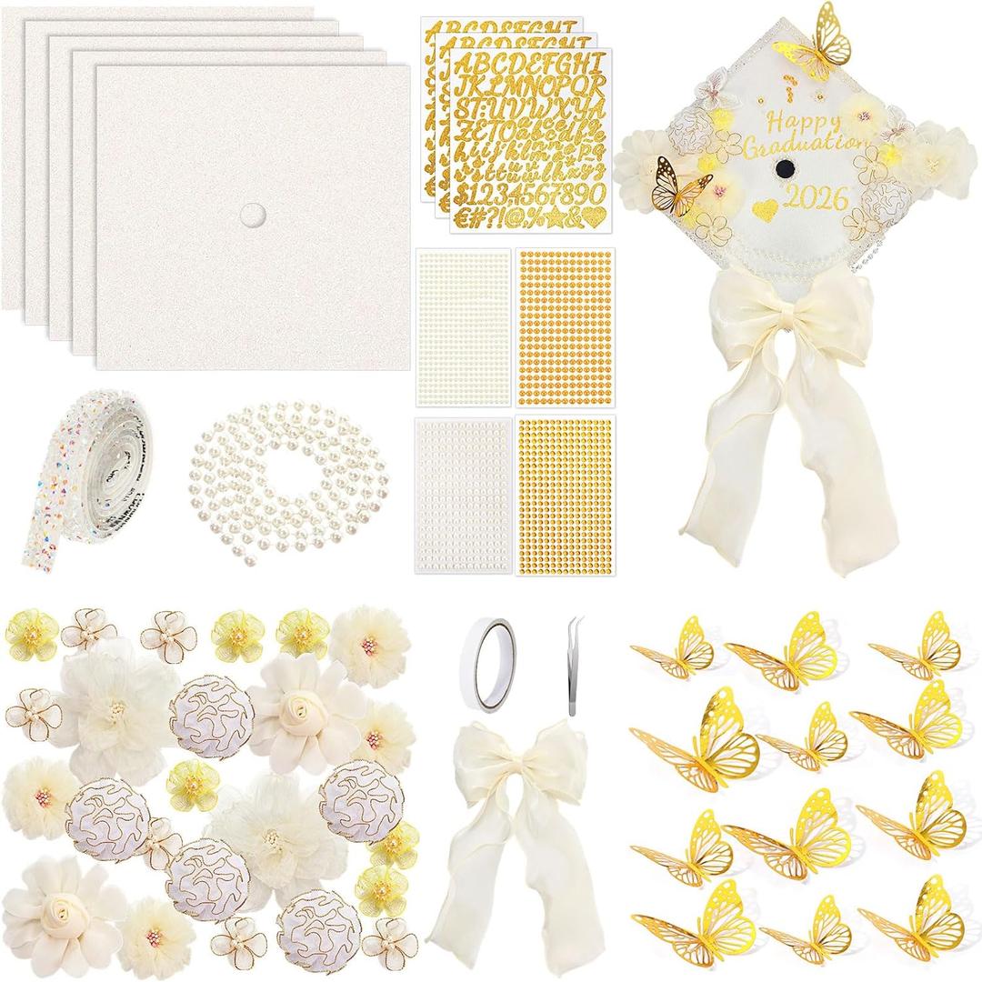 Wavwavw 58 Pcs DIY Graduation Cap Decorations Kit Grad Cap Decor Included Faux Flowers Bow Mesh 3D Butterfly Stickers, Adhesive Rhinestones, Glitter Letter Stickers, for 2026 Grad Party(White)
