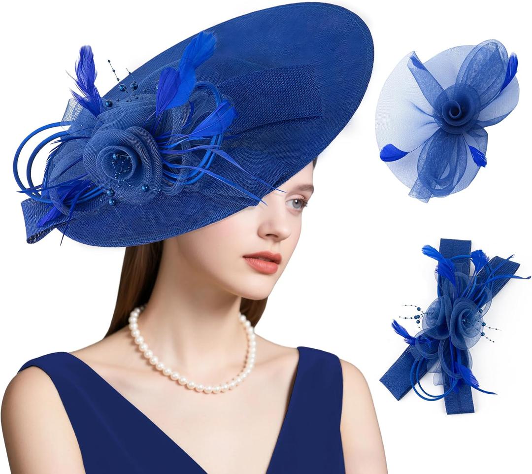 dressfan Wide Brim Fascinator Derby Hats for Women,20s Detachable Flower Hat with Headband for Derby Church Wedding Tea Party (Blue)
