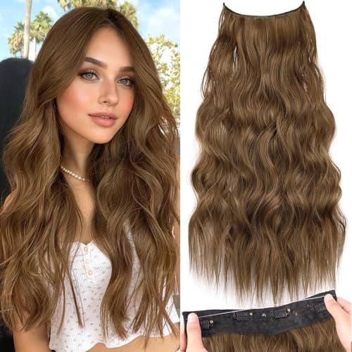 KooKaStyle Invisible Wire Hair Extensions with Transparent Wire Headband Adjustable Size 4 Secure Clips Long Wavy Hairpiece 24 Inch 10/12B#COCOA# for Women