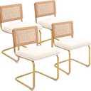 CangLong Modern Dining Chairs Set of 4 with Natural Mesh Rattan Backrest, Upholstered Fleece Seat Armless Accent Chairs with Metal Legs for Kitchen & Living Room, Cream