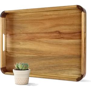 22 Inches Acacia Wood Serving Tray with Handles, Large Wooden Rectangle Ottoman Tray, Nice Home Decor for Living Room Coffee Table Couch, Ideal Size for Serving Food Breakfast BBQ Party