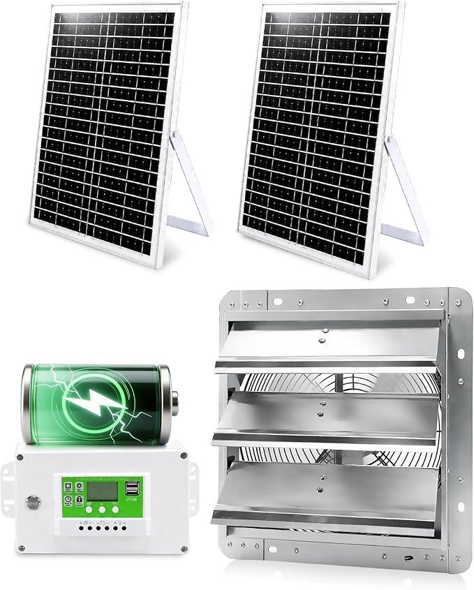 12" High Speed Solar Exhaust Fan for Greenhouse Equipped with Two 30W Solar Panel, with Battery and Smart Charging System. Applicable to Garages, Sheds, Attics, Storage Rooms, RVs