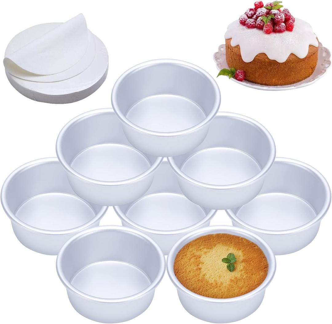 4 Inch Cake Pan Set of 8, Anodized Aluminum Round Cake Pans with 100 Pcs Parchment Paper Tins Baking Pan for Cheese Cake, Pizza, Quiche, Non Toxic, Leakproof, Easy Pop Out