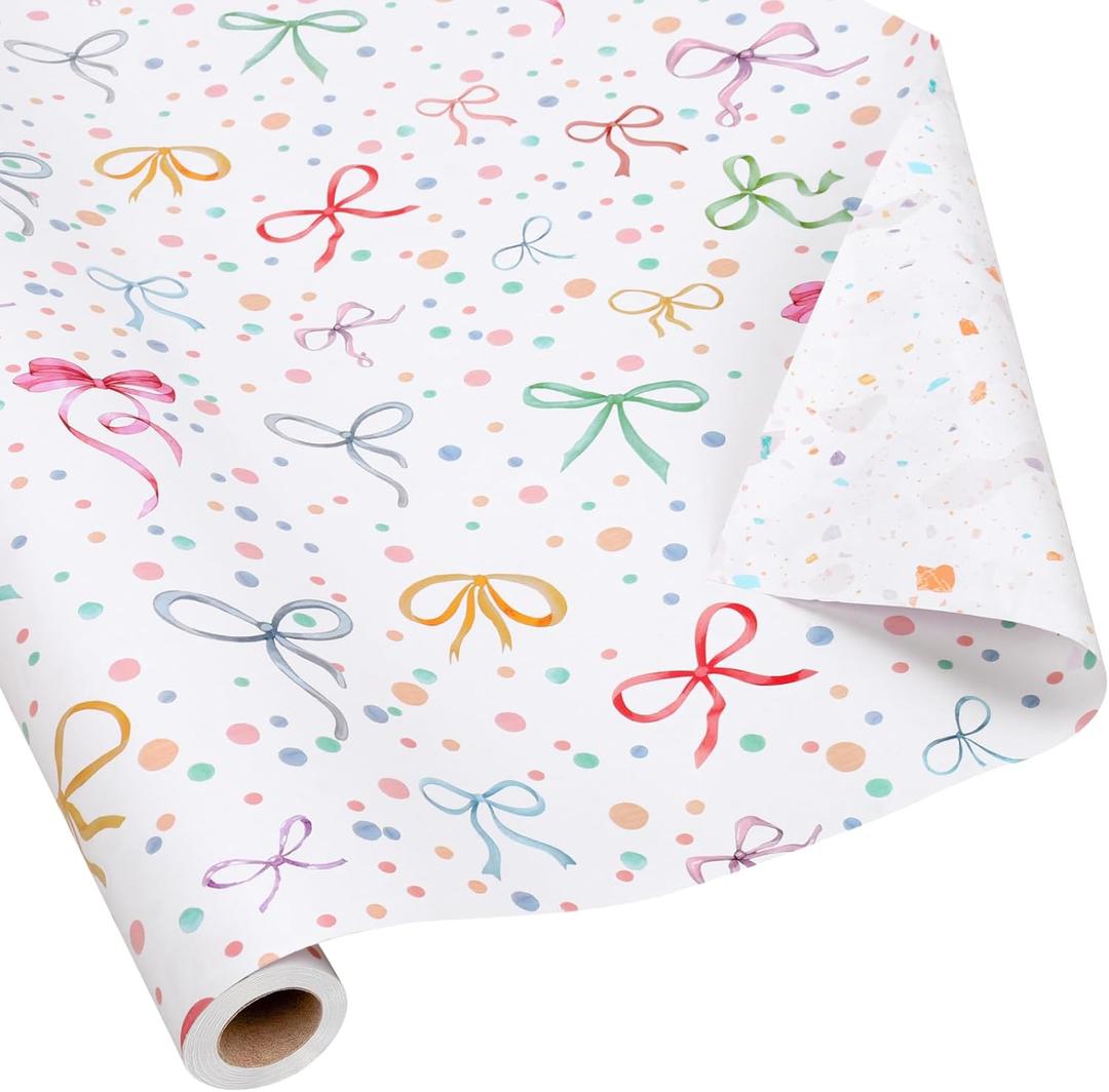 LaRibbons Reversible Bow Wrapping Paper Jumbo Roll with Pink Pom Pom, Coquette Bow & Colorful Terrazzo Design Gift Wrap for Girls, Women, Baby Shower, Birthday Party, 30 Inch  40 Feet (100 sq. ft. ttl.)