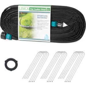 LINEX Flat Soaker Hose 50 ft with Stake for Garden Beds Drip Sprinkler Irrigation Hose Heavy Duty Saving 80% Water For Vegetable