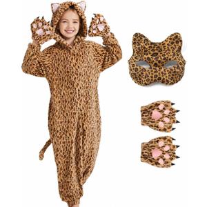 Ezuwail Cheetah Costume Kids Snow Leopard Costume Gloves Mask Cheetah Onesie Bodysuit Halloween Cosplay for Girls Boys (140, Brown)