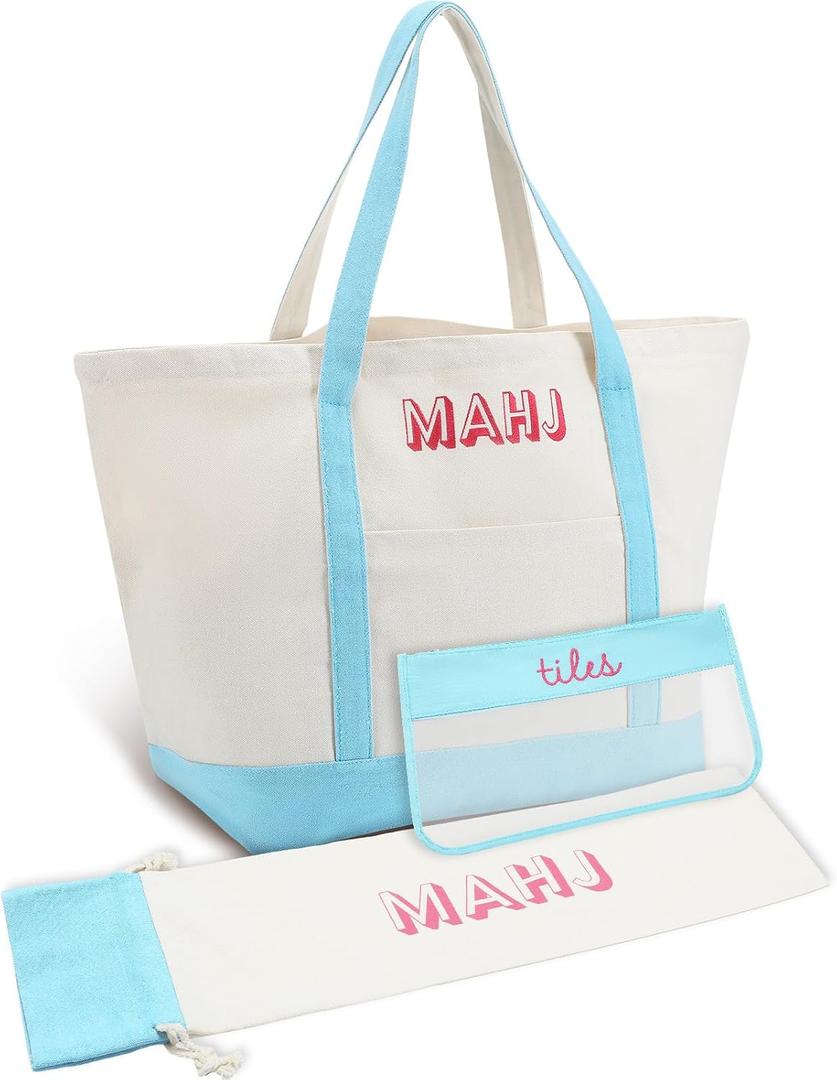 3 Pcs Empty Mahjong Canvas Bag Gift Embroidered American Mahjong Set Incl Tiles Bag and Racks & Pushers Drawstring Bags(Blue,Regular)