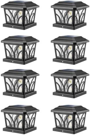 LeiDrail Solar Post Lights Outdoor, 2 Modes Aluminum Solar Deck Fence Cap Light Edison LED Bulbs for 4x4 5x5 6x6 Wooden Vinyl Posts, Patio Decoration Warm White & Cool White 8 Pack (Black)