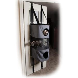 K&H Pet Products Hangin Cat Tree Condo 3 Level Door Mounted Cat Furniture, Space Saving, Mesh Level, Peep Holes, Interconnecting Levels, Collapsible, Tool-Free Assembly - Gray - Fits Doors <80in H 