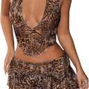 SHENHE Women's Skirt Set Y2k 2 Piece Outfits Leopard Halter Backless Top and Animal Ruffle Mini Skirt Sets S