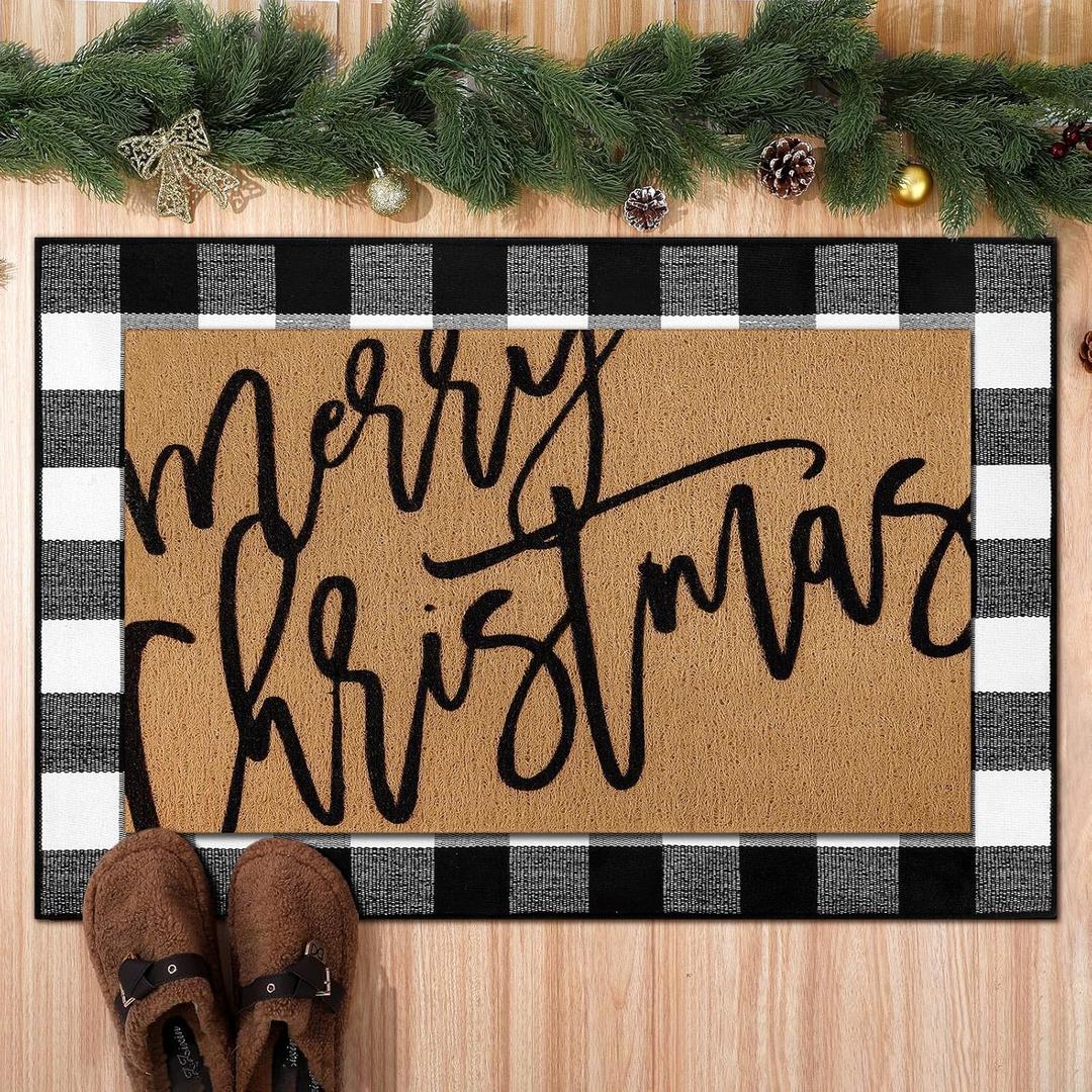 Tinideya 2 Pcs Merry Christmas Door Mat Xmas Welcome Non Slip Coir Mats Black White Buffalo Plaid Floor Layering Doormats Seasonal for Front Porch Entryway Decor(Merry Christmas)