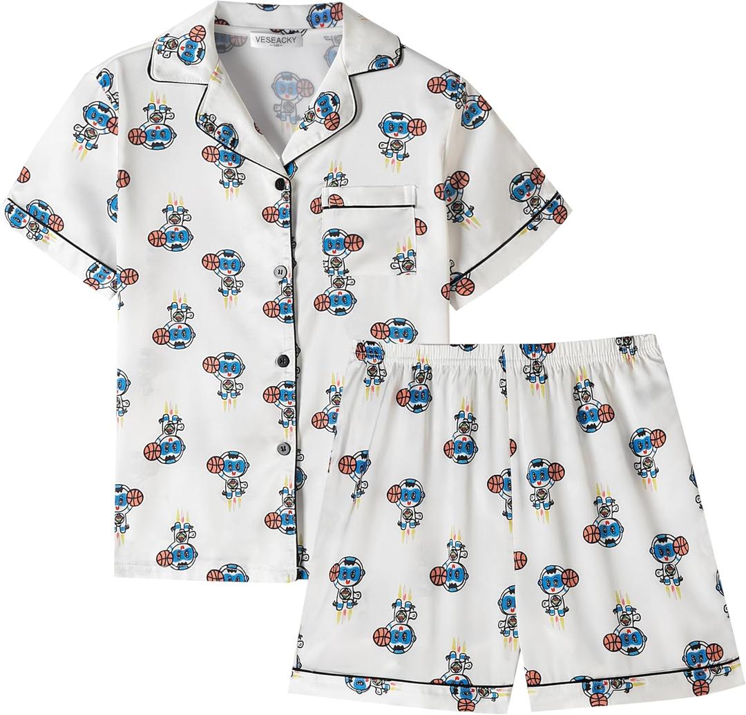 Veseacky Classic Silk Nightwear for Little Girls Notch Collar Button Down Satin 2 Piece Pajama Set (Ball Game Fan, Size 6)