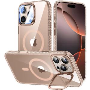 VOFATA [Upgraded] for iPhone 16 Pro Max Case with Camera Cover Stand [Fit for MagSafe][9H Camera Lens Protector] Mil-Grade Protection Transparent Magnetic iPhone 16 Pro Max Phone Case, Clear Gold