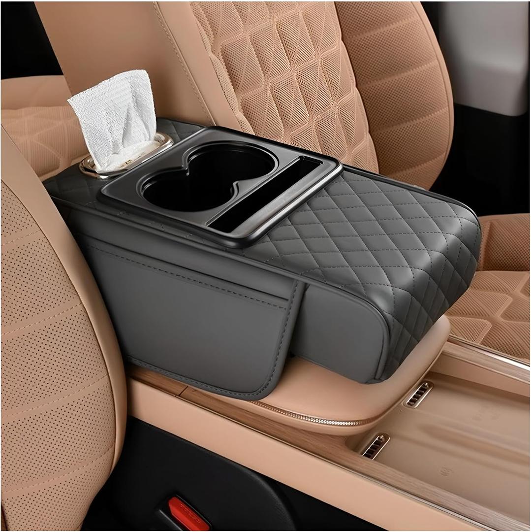 Zpana Car Center Console Armrest Pillow, Memory Foam Leather 4 in 1 Vehicle Arm Rest Cover with Tissue Box 2 Side Storage Bag Cup & Phone Holder, Auto Armrest Cushion, Universal Fit (Gray)