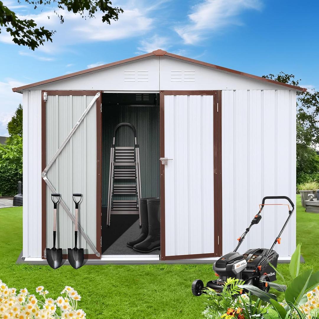 6x8 FT Metal Tool Shed, Galvanized Steel Large Outdoor Storage Shed, Storage Shed Equipped with Vents, Tool Shed with Door and Padlock, Ideal for Backyards, Patio Lawns and Outdoor, Brown White