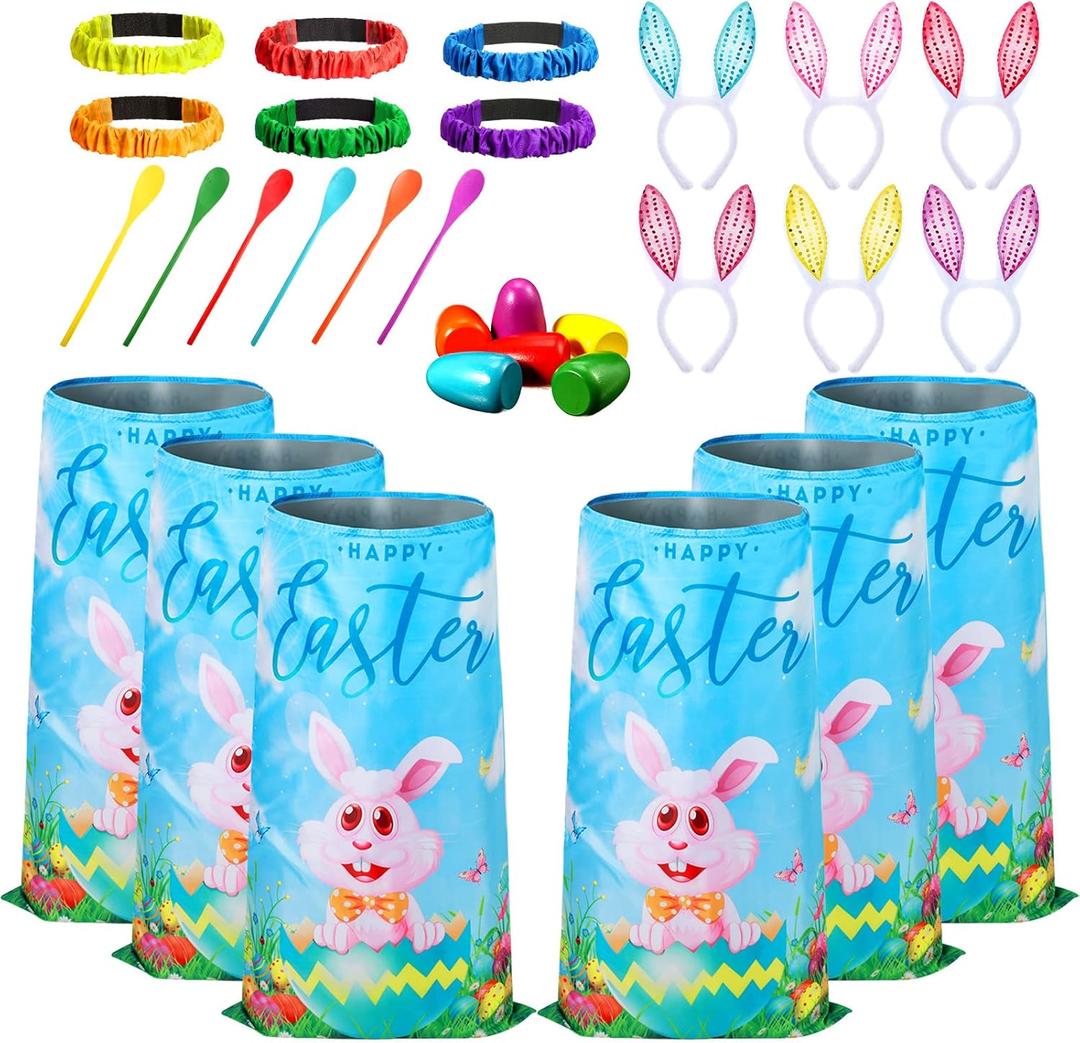 Civaner 30 Pcs Outdoor Games Set for Kids Includes 6 Bunny Potato Sack Race Bags 6 Egg and Spoon 6 Bunny Ears Headbands 6 Legged Relay Race Band for Game Party(Blue,Classic)