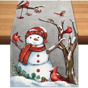Christmas Red Bird Branch Table Runner Snowman Cardinal Burlap Table Runners, Winter Xmas Seasonal Coffee Table Center Decor for Home Kitchen Dining Party Indoor Outdoor 13x108 Inch