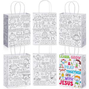 Yaomiao 24 Pcs Christian Coloring Bag Learn Grow Pray Together with Jesus Bag Color Your Own VBS Craft Religious Bible Verse DIY Paper Goodie Gift Catholic Kraft Reusable Tote Bulk for Sunday School