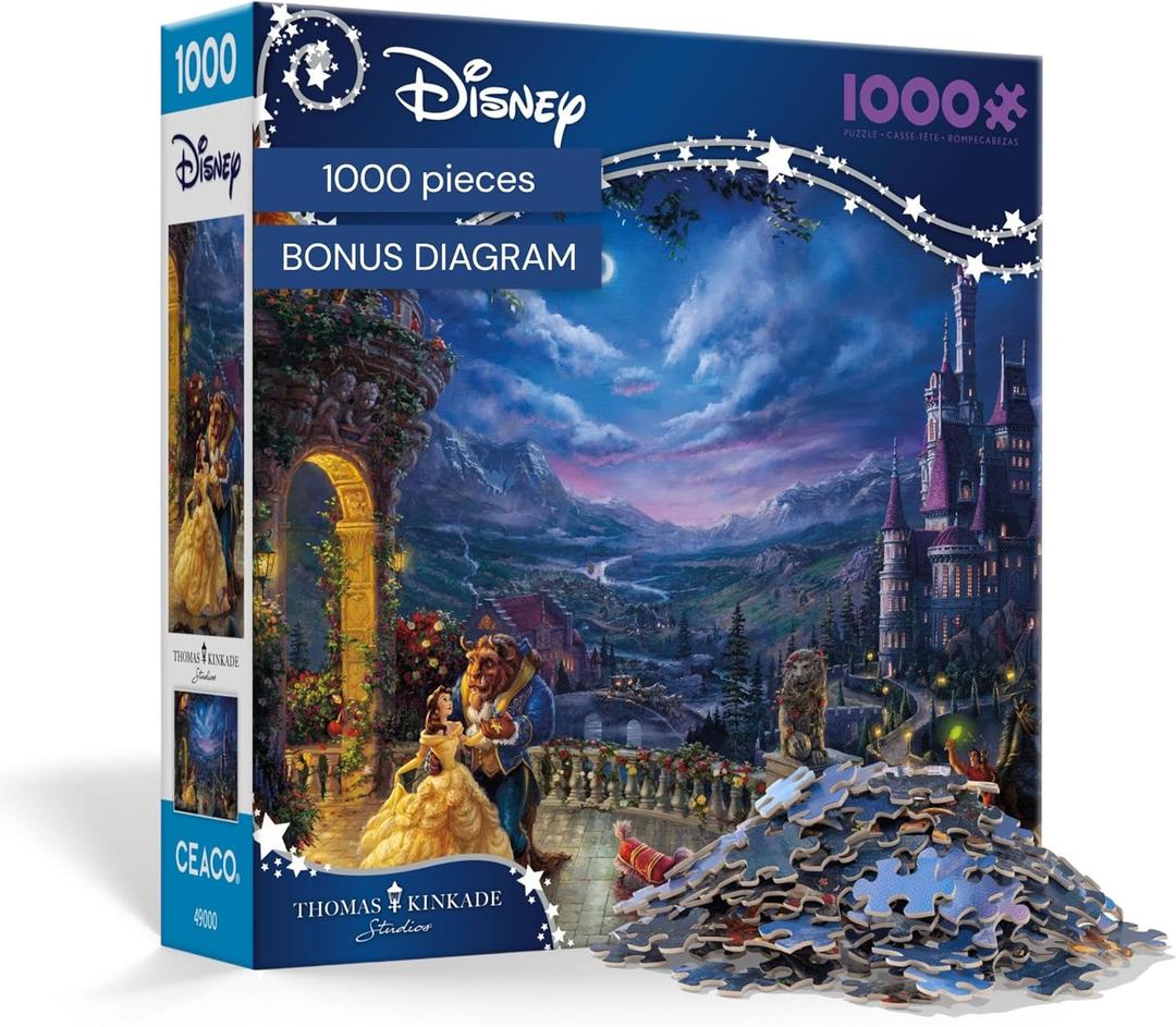 Ceaco - Thomas Kinkade Disney Beauty & The Beast Dancing in The Moonlight 1000 Piece Jigsaw Puzzle, Made in USA, Premium Recycled Board, Full-Color Poster