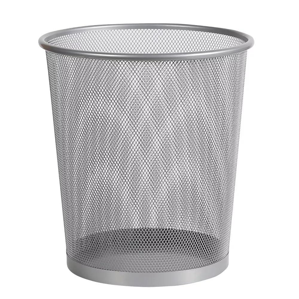 Mesh Waste Basket, Silver Steel Wire, Office Trash Can with Nonslip Base