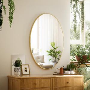 VooBang Gold Oval Bathroom Mirror, 20 x 28 inch Modern Oval Wall Mounted Vanity Mirror with Tempered Glass Hanging Horizontally or Vertically, Gold VooBang Gold Oval Bathroom Mirror, 20 x 28 inch Modern Oval Wall Mounted Vanity Mirror with Tempered Glass Hanging Horizontally or Vertically, Gold