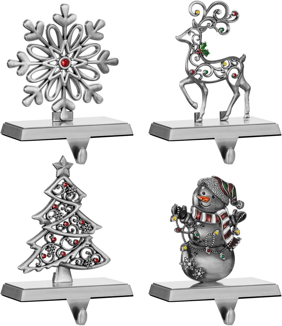 4 Pack Christmas Stocking Holder Set for Mantle Christmas Holiday Decorations Mantle Fireplace Topper Snowflake Snowman Reindeer and Christmas Tree Hangers Decorative Metal Hanger(Gray)