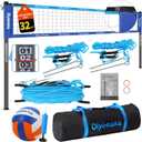32ft Portable Outdoor Volleyball Net Set for Grass Backyard Beach with 1.25" Height Adjustable Steel Poles, 28-ply Durable PE Net, PU Volleyball & Pump, Carry Bag (Dark Blue + Light Blue, 32ft)