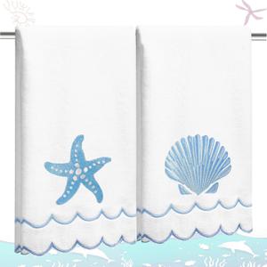 2Pcs Coastal Scalloped Hand Towels Light Blue Scallop Embroidered Dish Towel 100% Cotton Cute Decorative Ocean Bath Hand Towel for Kitchen Bathroom(Coastal Blue)