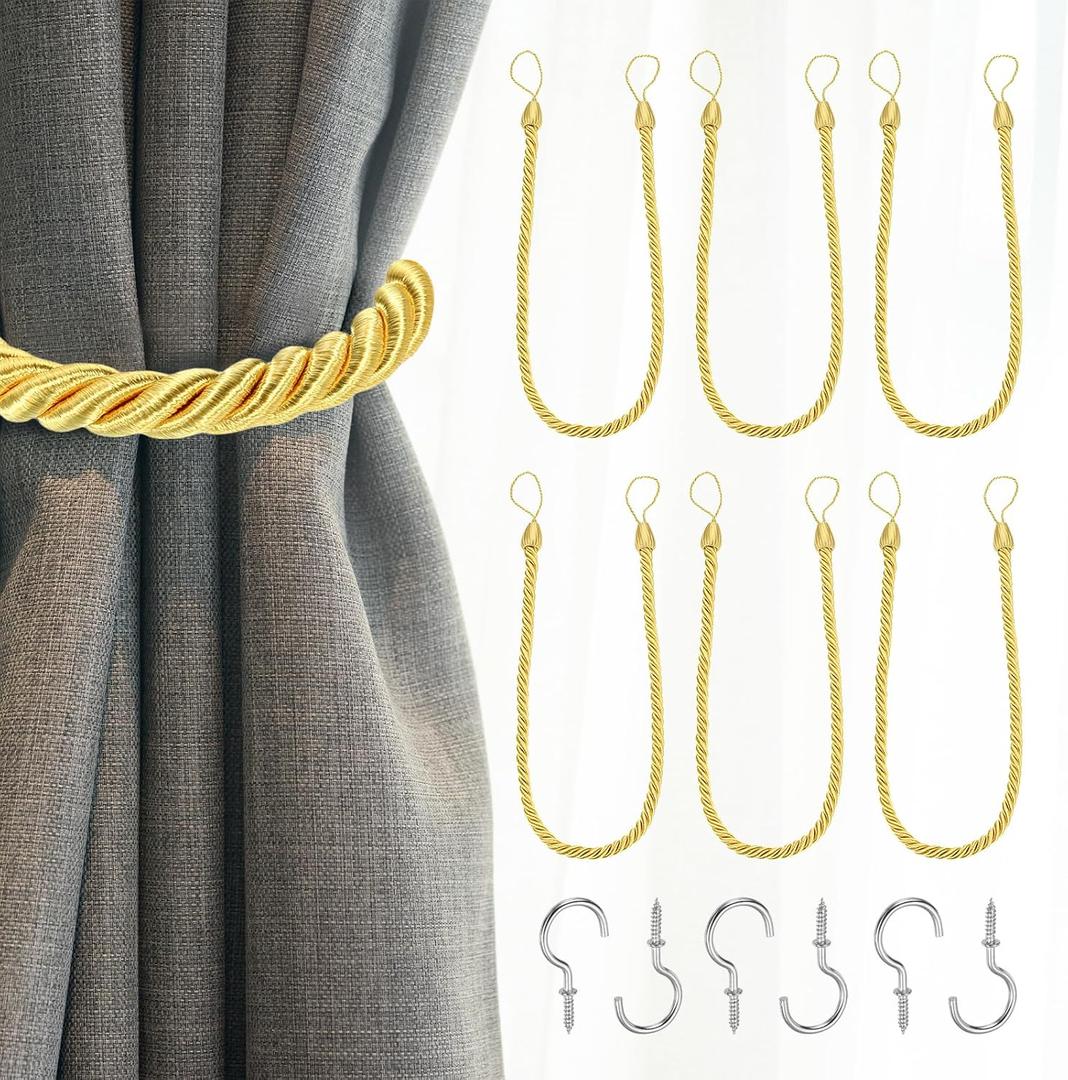 uxcell 6 Pack Curtain Tiebacks, 74cm/29 Braided Drapery Holdback Holder Decorative Rope Tie Back with Metal Screw Hooks for Home Office Decor, Gold