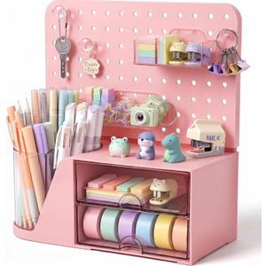 Novabright Desk Organizer with 2 Drawers, Rotating Pen Holder with 5 Slots & Pegboard, Back to School & End of School Year Gifts, Multifunctional Desktop Storage for Desk Home Office Supplies(Pink)