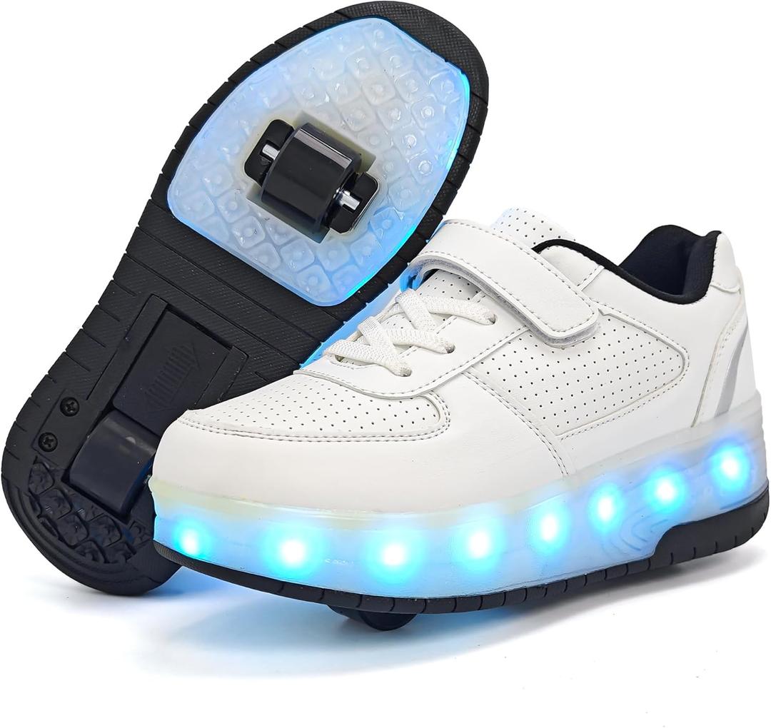 Wooowyet LED Roller Skate Shoes for Kids Boys Girls Light Up Fashion Sneakers Wheels Wheeled USB Rechargeable Hook&Loop (12 Little Kid, White)