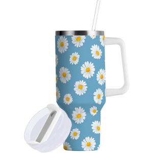 Light Blue Bg White Daisies Tumbler with Handle and Straw Leak Proof Tumbler 2 in 1 Lid Insulated Water Bottle Tumblers Stainless Steel Cup Large Travel Mug Cups, Gifts for Women Man, 40oz