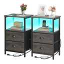 sthmec Nightstand with Charging Station, LED Night Stand Set of 2, Bedside Table End Table with Drawer, Bedroom Tables with 2 Fabric Drawers, 3-Tier Storage Side Table for Bedroom, Black Oak