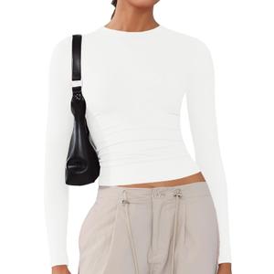 Women's Soft Long Sleeve Shirts Crew Neck Tops Basic Tees Stretchy Going Out Crop Tops Y2K Slim Fit T-Shirts Small