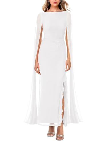 Lrady Women's Formal Evening Gowns High Split Ruffle Wedding Guest Cape Sleeve Cocktail Party Maxi Dresses, White, X-Large