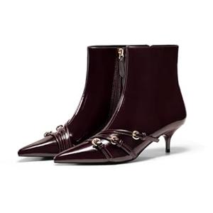 Coutgo Womens Buckle Strap Ankle Booties Kitten Low Heel Pointed Toe Y2K Boots Side Zipper Fall Shoes, Burgundy, Size 7