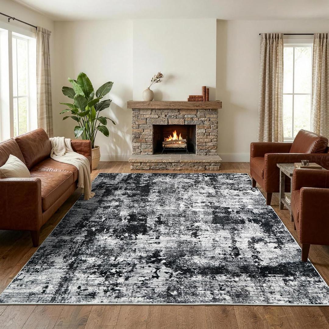 9x12 Modern Abstract Area Rug, Soft Washable Non-Slip Stain Resistant Large Carpet for Living Room Bedroom Dining Room Nursery Home Office, Black Gray