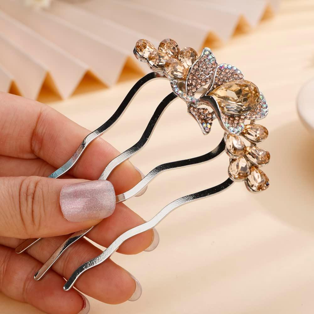 Aimimier Dainty Crystal Flower Hair Comb Sparkly Rhinestone Inlaid Hair Side Combs Long Teeth Hair Accessories for Women and Girls(Champagne) (Orange)